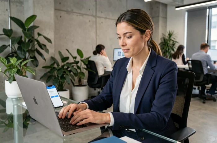 Femme professionnelle sécurisant son accès en ligne avec authentification à deux facteurs sur ordinateur et smartphone au bureau