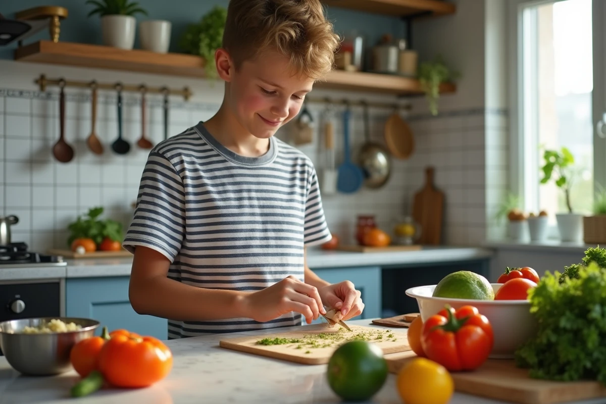 Adolescent préparant des ingrédients dans une cuisine chaleureuse