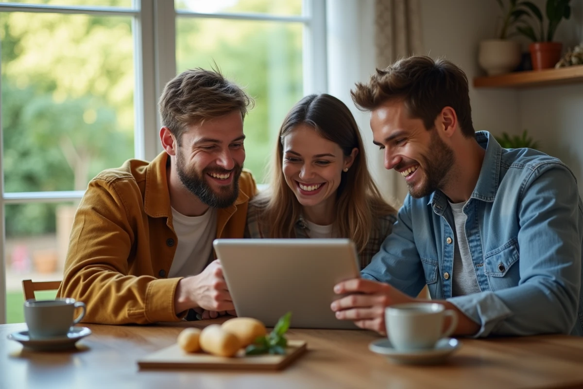 Trois amis rieurs autour d