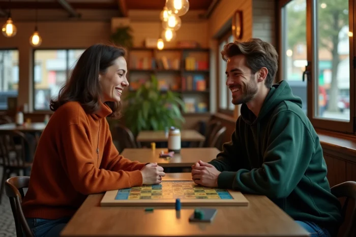 Deux amis jouant à un jeu de société dans un café convivial, partageant un moment de loisir complice