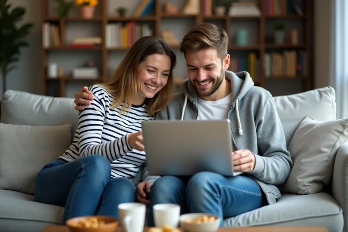 Deux amis jouant ensemble au Scrabble en ligne sur un canapé dans un appartement moderne