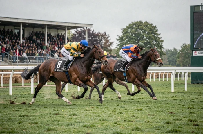 Chevaux de course au galop lors d'une arrivée de course hippique sur hippodrome français