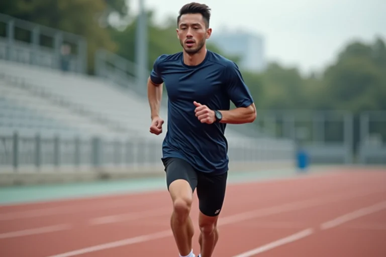 Athlète masculin en pleine course sur une piste d'athlétisme, illustrant l'actualité sportive et les performances de haut niveau