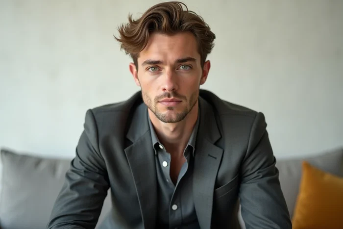 Homme élégant en costume gris au regard perçant lors d'un shooting professionnel en studio, évoquant les candidats au classement des plus beaux hommes du monde 2026 sur les réseaux sociaux