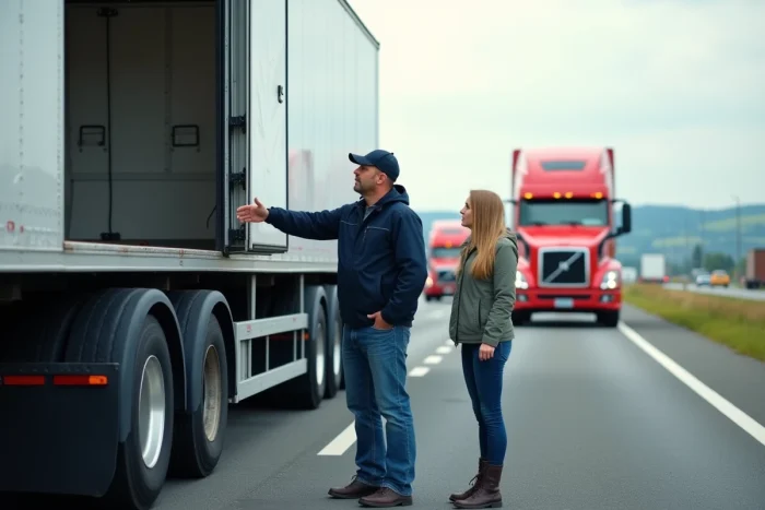 Conducteur de camion européen devant un semi-remorque moderne
