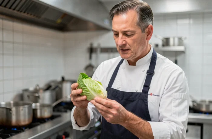 Chef cuisinier tenant une cobette fraîche dans une cuisine de restaurant professionnelle