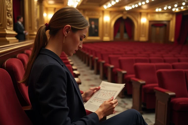 Femme consultant un plan de salle du Théâtre Mogador pour choisir les meilleures places du Roi Lion