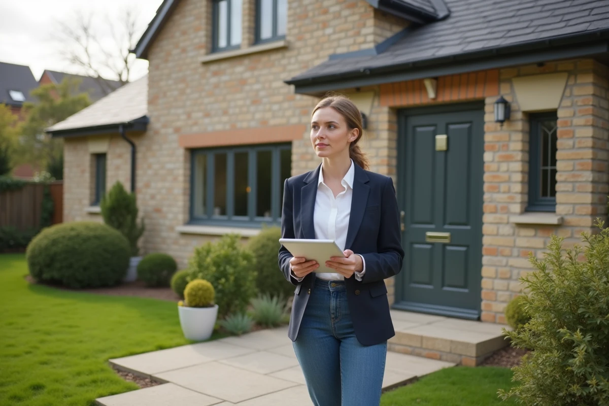 Jeune consultante montrant fenêtres écologiques à une maison