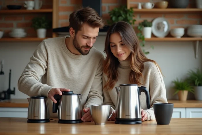 Jeune couple compare appareils de cuisine modernes
