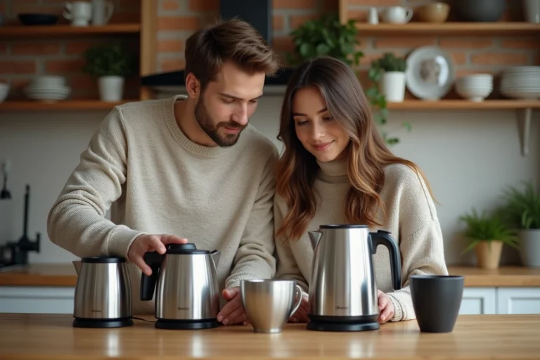 Jeune couple compare appareils de cuisine modernes