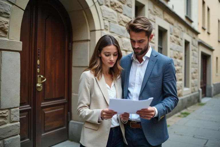 Couple consultant des documents officiels devant la mairie de Saint-Malo pour la publication des bans de mariage