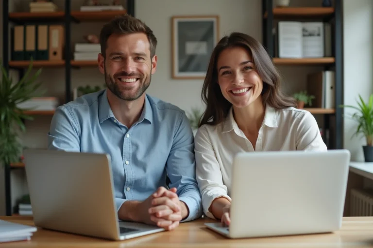 Couple souriant dans un bureau à domicile avec ordinateurs