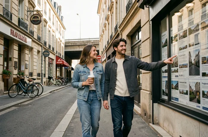 Couple consultant une vitrine d'agence immobilière dans une ville intermédiaire entre deux grandes métropoles françaises