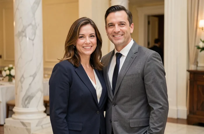 Couple élégant en tenue formelle lors d'une réception, illustrant un mariage dans un cadre raffiné