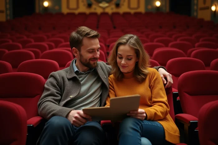 Couple installé dans les fauteuils d'orchestre du Théâtre Mogador avant une représentation du Roi Lion