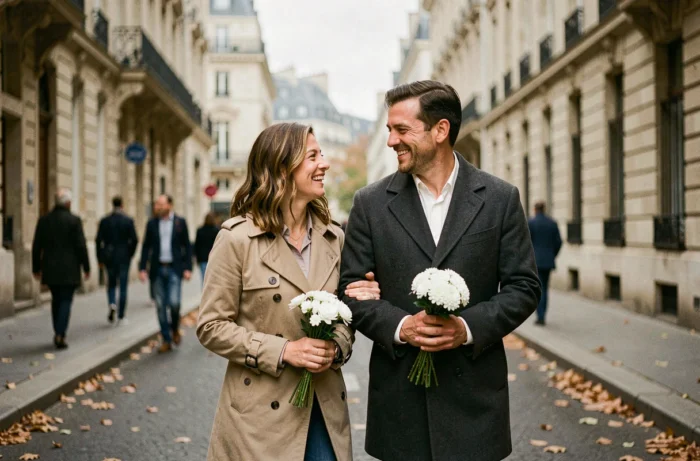 Couple se promenant sur un boulevard parisien en automne avec un bouquet de fleurs blanches, ambiance romantique et urbaine