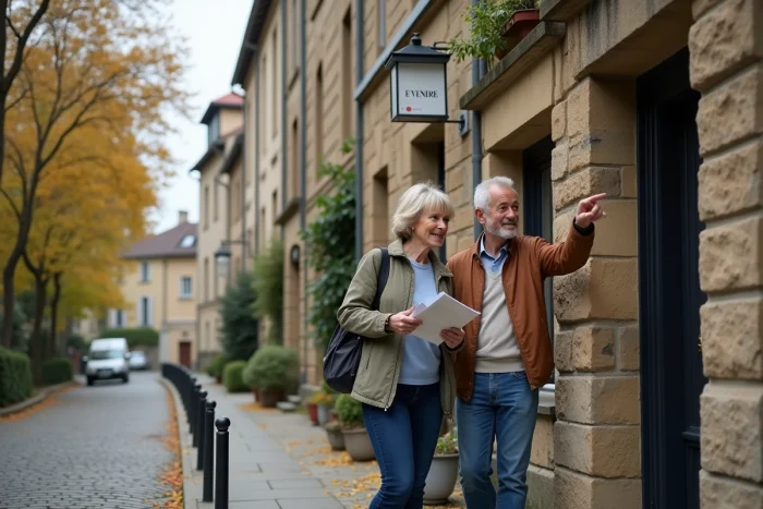 Pareja visitando un edificio residencial en venta con cartel inmobiliario en la ciudad
