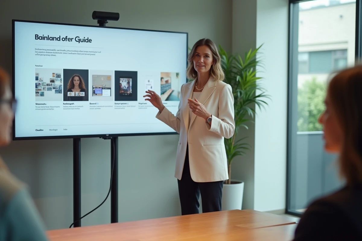 Directrice créative présentant un guide de style sur un écran