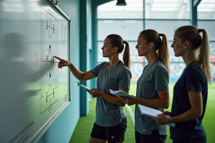 Entraîneuse et joueuses de football féminin analysant une tactique sur tablette lors d'une session d'entraînement