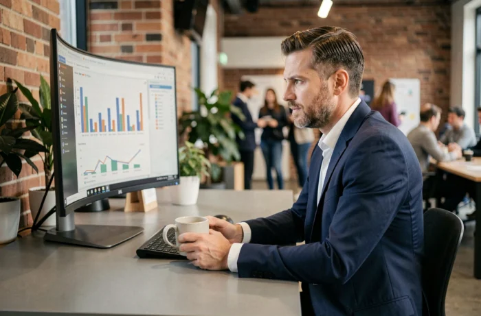 Entrepreneur masculin analysant des données analytiques sur un grand écran dans un espace de coworking moderne