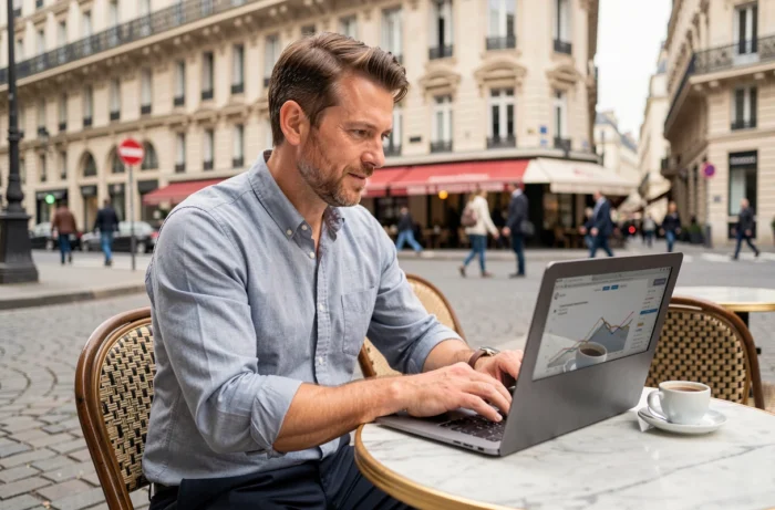Entrepreneur français travaillant sur son ordinateur portable en terrasse de café à Paris, illustrant l'actualité business 2024