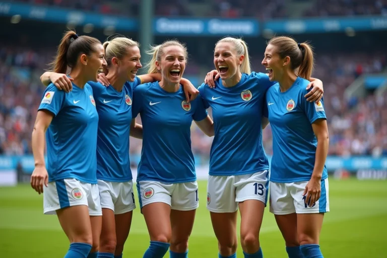 Équipe féminine de football professionnel célébrant une victoire sur le terrain dans un grand stade moderne