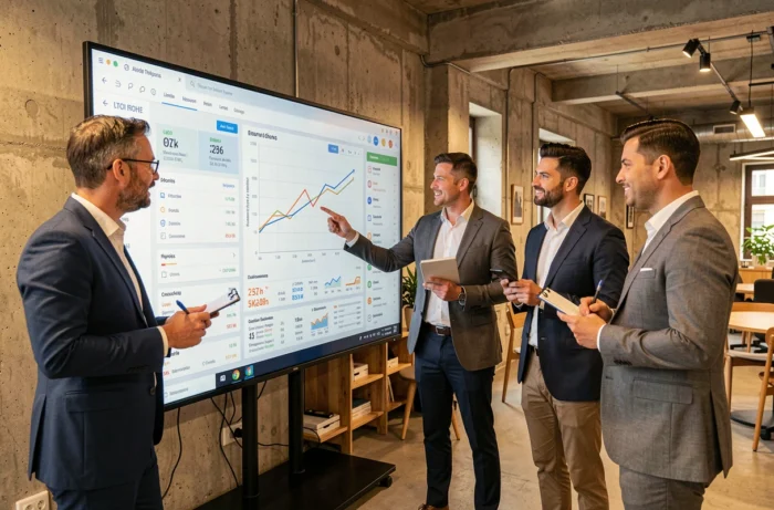 Équipe de professionnels français collaborant sur des tendances économiques dans un espace de coworking moderne
