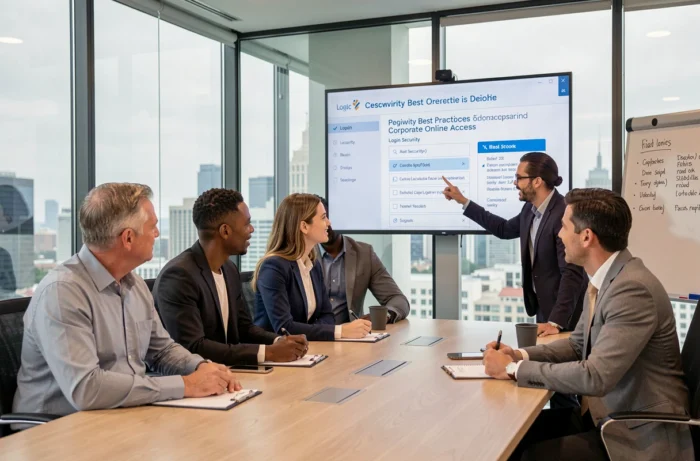 Équipe professionnelle en réunion discutant des meilleures pratiques de sécurité pour les accès professionnels en ligne en entreprise