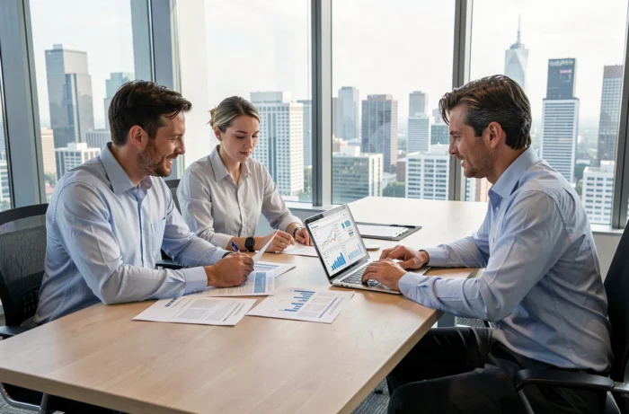 Équipe de professionnels réunis en salle de réunion pour analyser des stratégies d'entreprise et tendances 2024