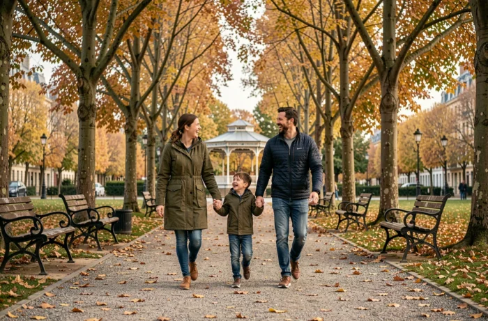 Famille de parents et enfant se promenant dans un parc en automne, feuilles dorées au sol, illustrant l'accompagnement parental et les activités en famille au quotidien