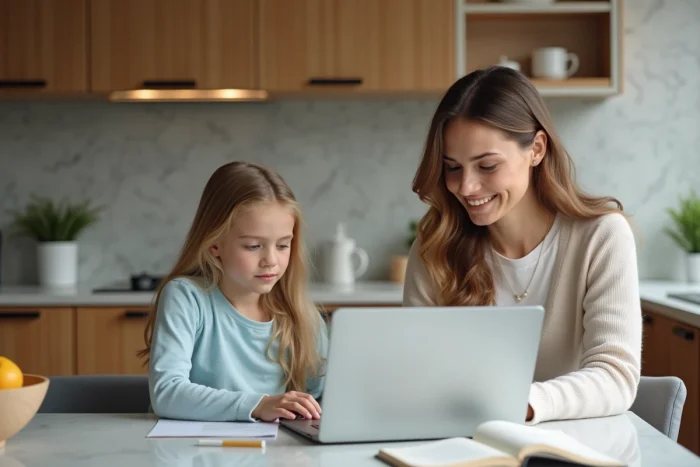 Femme aidant sa fille à faire ses devoirs dans la cuisine
