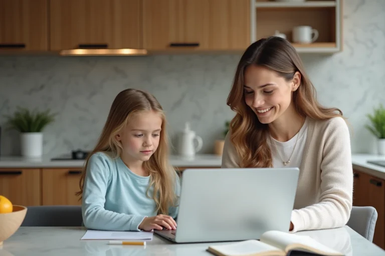 Femme aidant sa fille à faire ses devoirs dans la cuisine