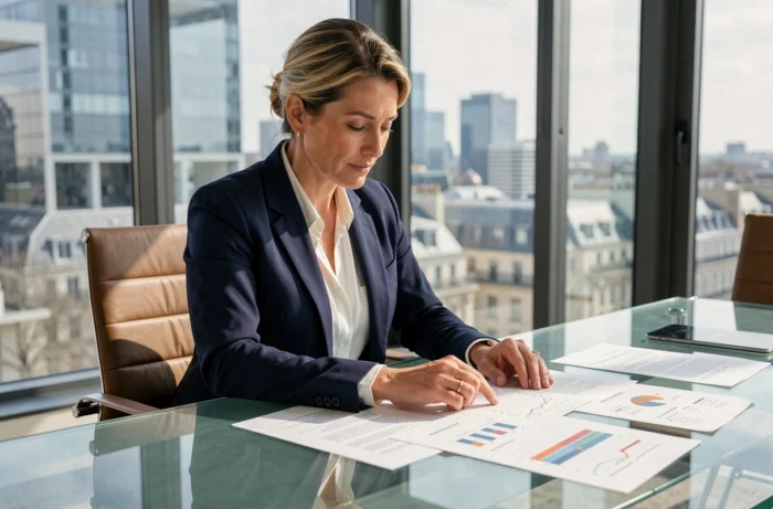 Femme d'affaires française analysant des rapports financiers dans un bureau moderne à Paris en 2024