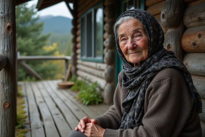 Femme âgée sur un porche en Alaska contemplant