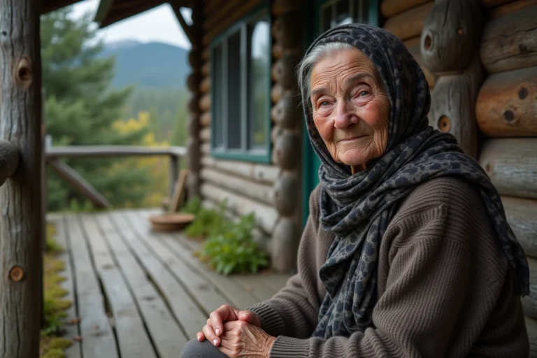 Femme âgée sur un porche en Alaska contemplant
