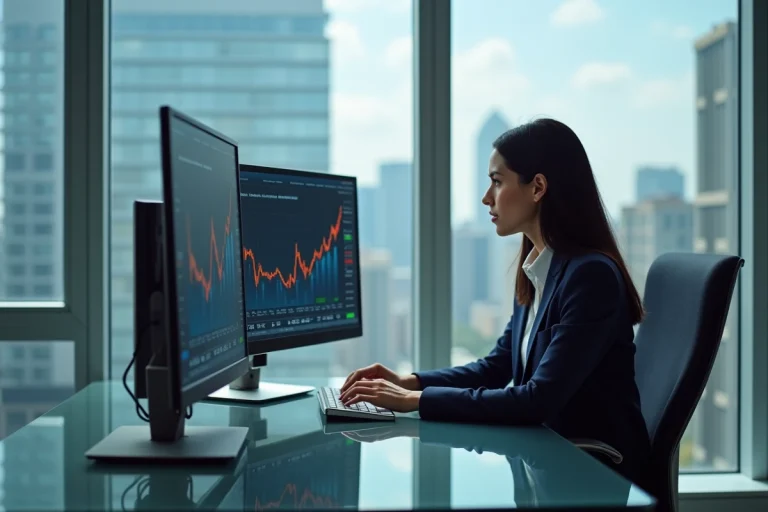 Femme en blazer navy analysant des données économiques