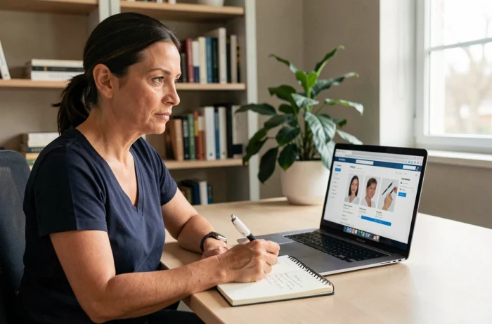 Femme analysant les résultats PMU du jour sur ordinateur avec cahier de notes