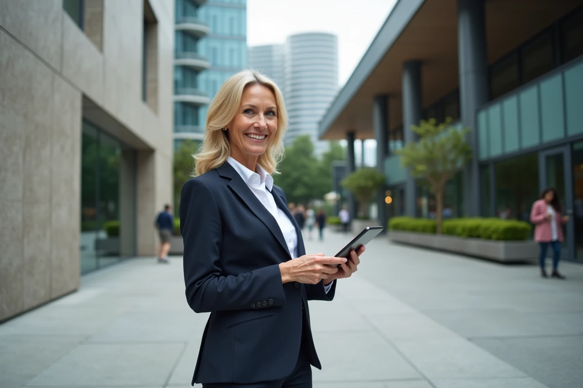 Femme confiante analysant des données en extérieur