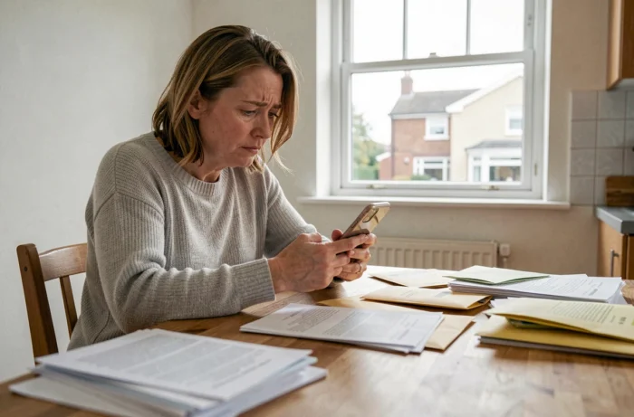 Femme attendant la réponse d'une commission d'attribution de logement social, assise avec des documents de dossier sur une table en bois