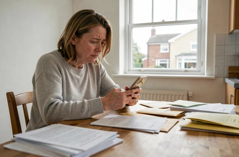 Femme attendant la réponse d'une commission d'attribution de logement social, assise avec des documents de dossier sur une table en bois