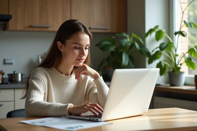 Jeune femme à la cuisine consulte son budget personnel