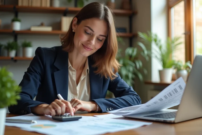 Femme en bureau moderne analysant des documents financiers