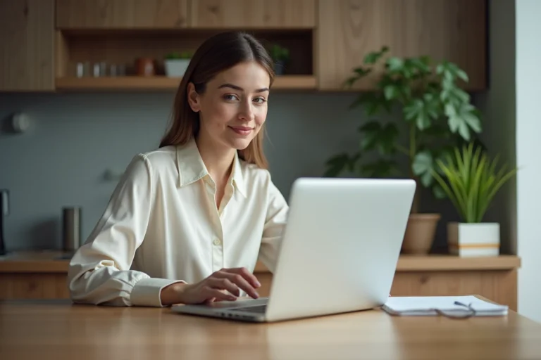 Jeune femme travaillant à domicile sur son ordinateur