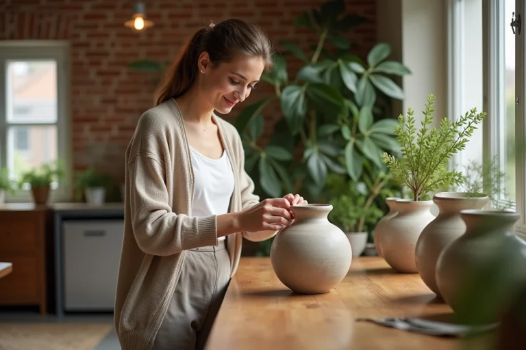 Jeune femme arrangeant des vases en céramique dans un salon lumineux