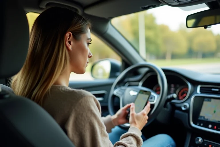 Femme au volant utilisant son smartphone avec GPS