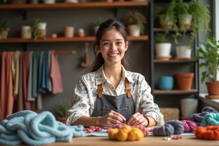 Femme souriante créant des accessoires faits main dans son atelier