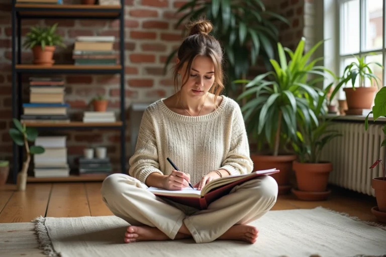 Femme créative dessinant dans un journal artistique sur le sol d'un salon chaleureux et inspirant