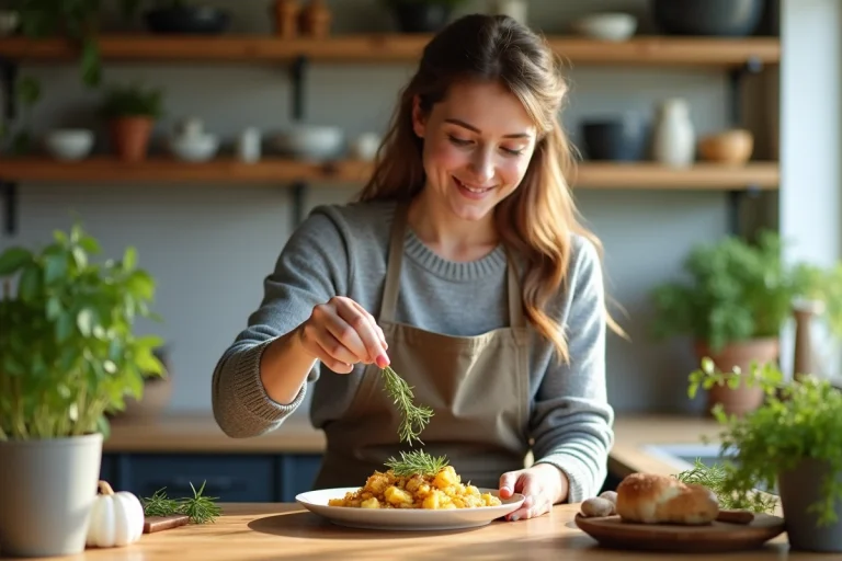 Femme en cuisine saupoudrant des herbes fraîches sur un plat coloré