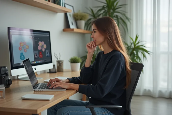 Femme en bureau moderne comparant deux designs sur son ordinateur
