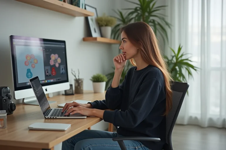 Femme en bureau moderne comparant deux designs sur son ordinateur
